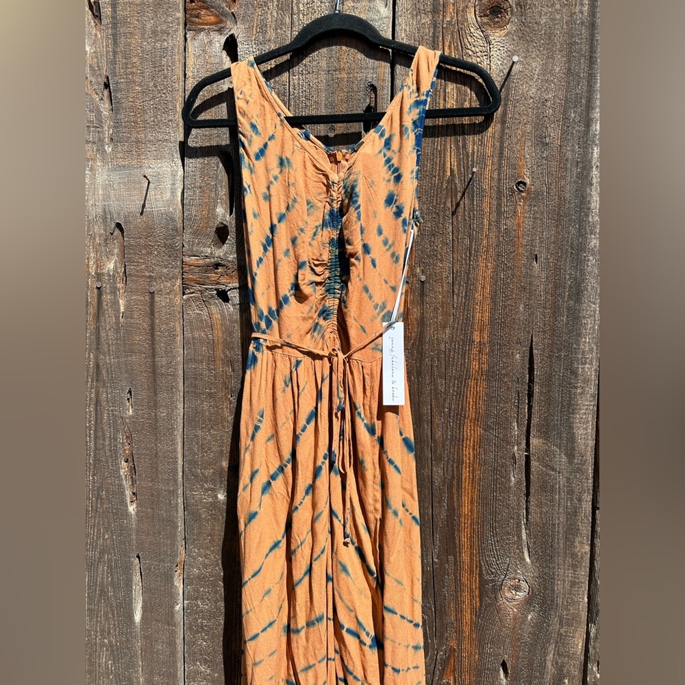 NWT Young Fabulous & Broke Blue Frida Dress in Tan & Blue w Slit & Belt - Picture 3 of 14